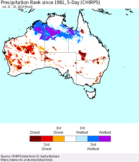 Australia Precipitation Rank since 1981, 5-Day (CHIRPS) Thematic Map For 7/21/2023 - 7/25/2023