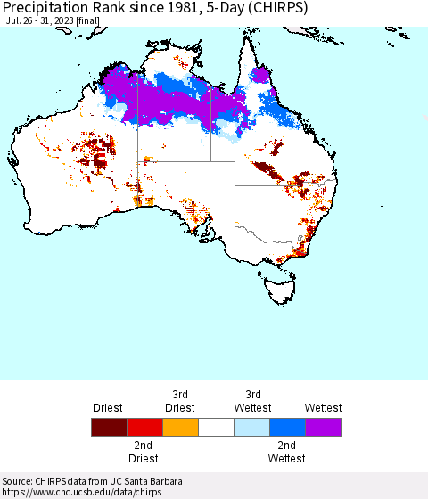 Australia Precipitation Rank since 1981, 5-Day (CHIRPS) Thematic Map For 7/26/2023 - 7/31/2023