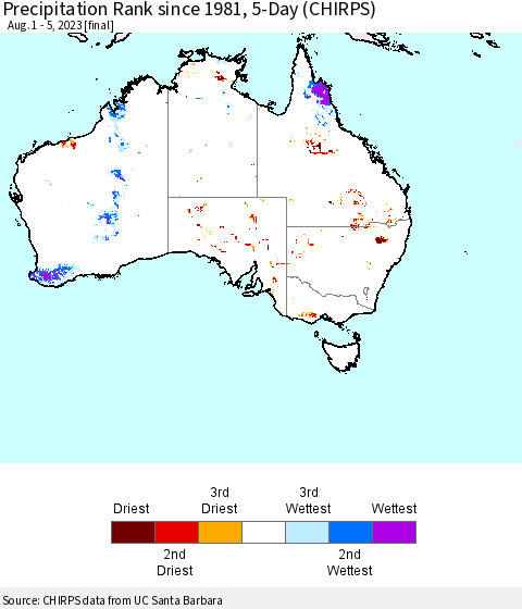 Australia Precipitation Rank since 1981, 5-Day (CHIRPS) Thematic Map For 8/1/2023 - 8/5/2023