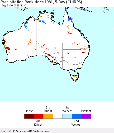 Australia Precipitation Rank since 1981, 5-Day (CHIRPS) Thematic Map For 8/6/2023 - 8/10/2023