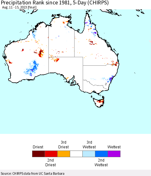 Australia Precipitation Rank since 1981, 5-Day (CHIRPS) Thematic Map For 8/11/2023 - 8/15/2023