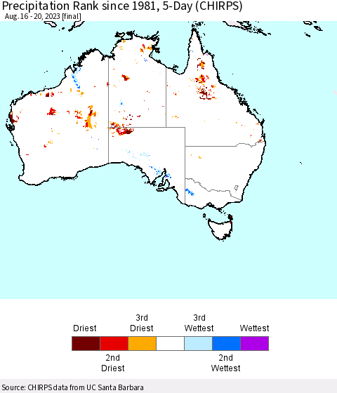 Australia Precipitation Rank since 1981, 5-Day (CHIRPS) Thematic Map For 8/16/2023 - 8/20/2023