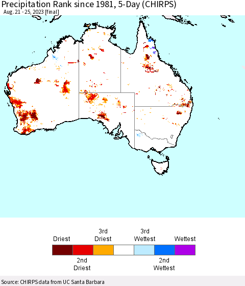 Australia Precipitation Rank since 1981, 5-Day (CHIRPS) Thematic Map For 8/21/2023 - 8/25/2023