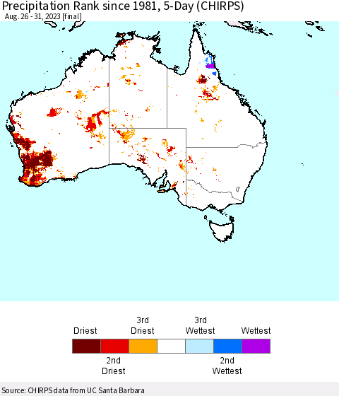 Australia Precipitation Rank since 1981, 5-Day (CHIRPS) Thematic Map For 8/26/2023 - 8/31/2023