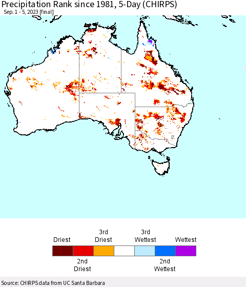 Australia Precipitation Rank since 1981, 5-Day (CHIRPS) Thematic Map For 9/1/2023 - 9/5/2023