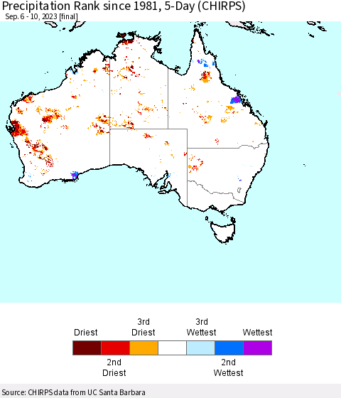 Australia Precipitation Rank since 1981, 5-Day (CHIRPS) Thematic Map For 9/6/2023 - 9/10/2023