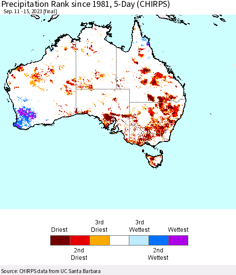 Australia Precipitation Rank since 1981, 5-Day (CHIRPS) Thematic Map For 9/11/2023 - 9/15/2023