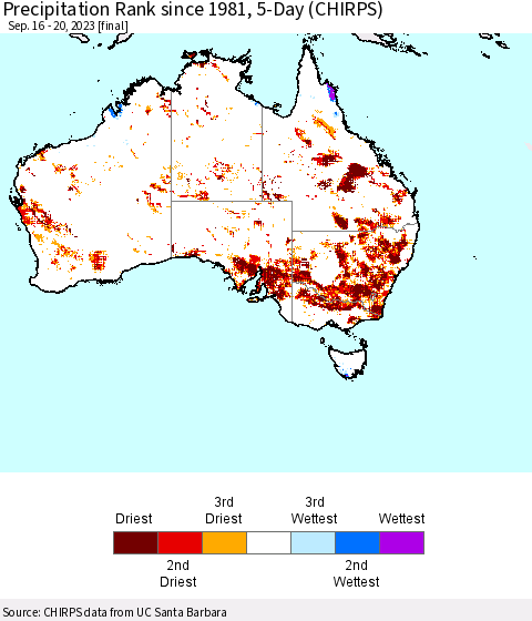 Australia Precipitation Rank since 1981, 5-Day (CHIRPS) Thematic Map For 9/16/2023 - 9/20/2023