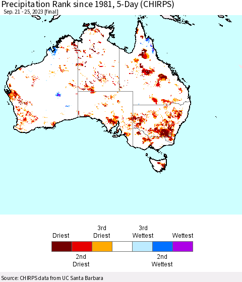 Australia Precipitation Rank since 1981, 5-Day (CHIRPS) Thematic Map For 9/21/2023 - 9/25/2023