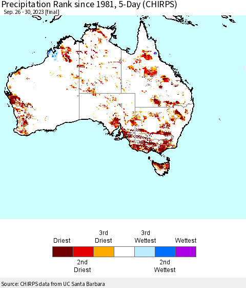 Australia Precipitation Rank since 1981, 5-Day (CHIRPS) Thematic Map For 9/26/2023 - 9/30/2023