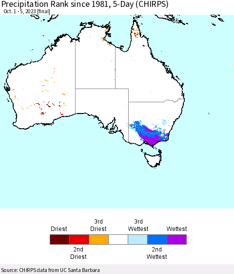 Australia Precipitation Rank since 1981, 5-Day (CHIRPS) Thematic Map For 10/1/2023 - 10/5/2023