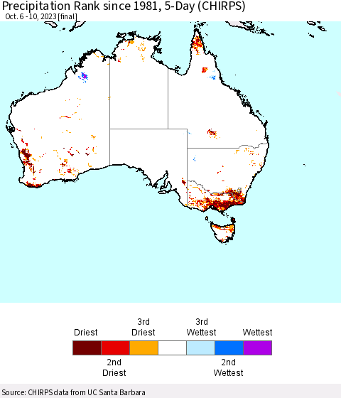 Australia Precipitation Rank since 1981, 5-Day (CHIRPS) Thematic Map For 10/6/2023 - 10/10/2023