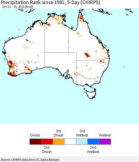 Australia Precipitation Rank since 1981, 5-Day (CHIRPS) Thematic Map For 10/11/2023 - 10/15/2023