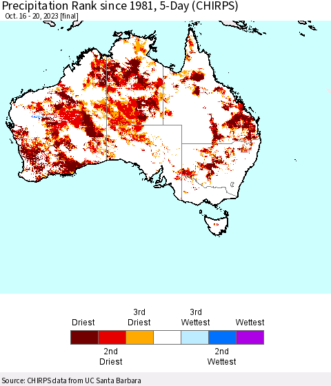 Australia Precipitation Rank since 1981, 5-Day (CHIRPS) Thematic Map For 10/16/2023 - 10/20/2023