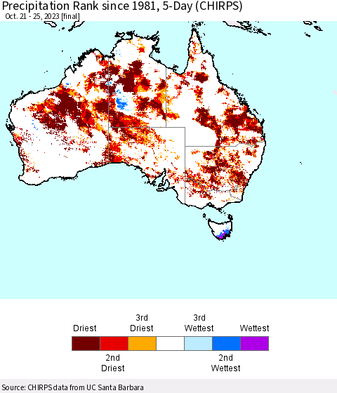 Australia Precipitation Rank since 1981, 5-Day (CHIRPS) Thematic Map For 10/21/2023 - 10/25/2023