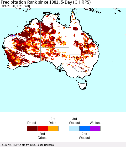 Australia Precipitation Rank since 1981, 5-Day (CHIRPS) Thematic Map For 10/26/2023 - 10/31/2023