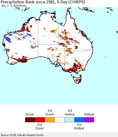 Australia Precipitation Rank since 1981, 5-Day (CHIRPS) Thematic Map For 11/1/2023 - 11/5/2023