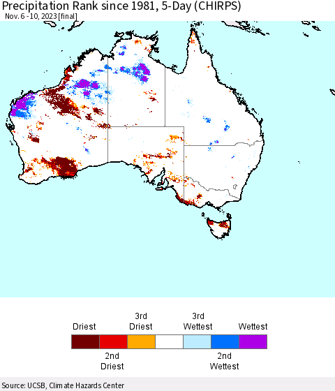 Australia Precipitation Rank since 1981, 5-Day (CHIRPS) Thematic Map For 11/6/2023 - 11/10/2023