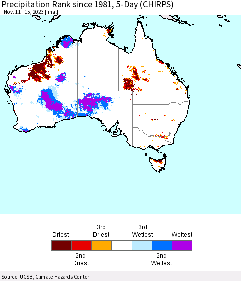Australia Precipitation Rank since 1981, 5-Day (CHIRPS) Thematic Map For 11/11/2023 - 11/15/2023