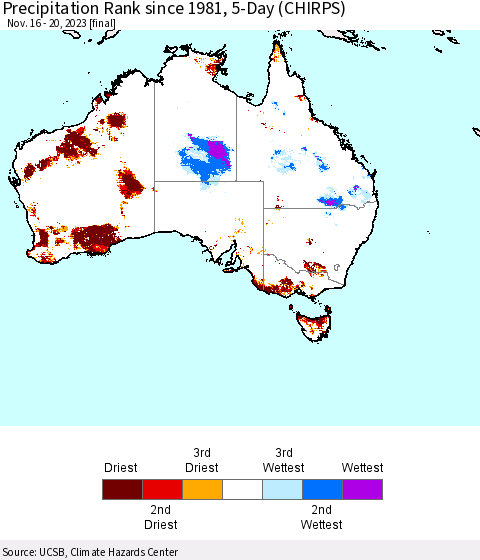 Australia Precipitation Rank since 1981, 5-Day (CHIRPS) Thematic Map For 11/16/2023 - 11/20/2023