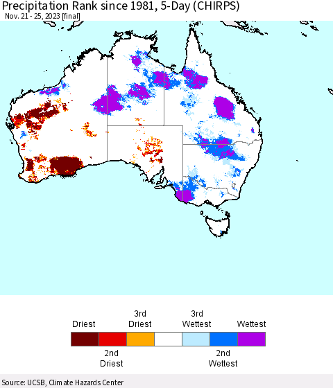 Australia Precipitation Rank since 1981, 5-Day (CHIRPS) Thematic Map For 11/21/2023 - 11/25/2023