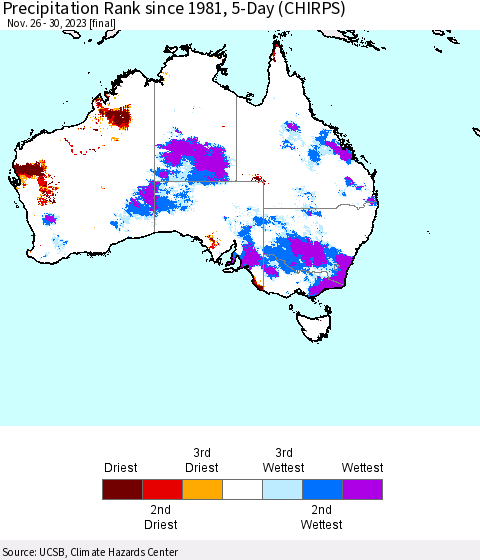 Australia Precipitation Rank since 1981, 5-Day (CHIRPS) Thematic Map For 11/26/2023 - 11/30/2023