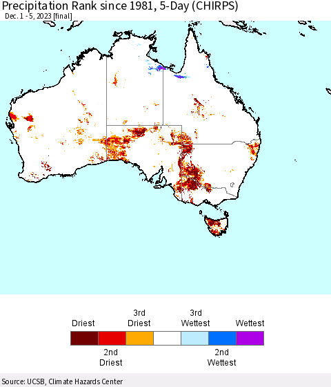 Australia Precipitation Rank since 1981, 5-Day (CHIRPS) Thematic Map For 12/1/2023 - 12/5/2023