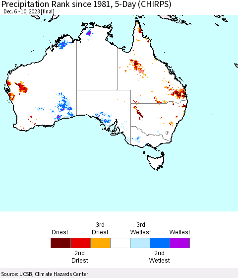 Australia Precipitation Rank since 1981, 5-Day (CHIRPS) Thematic Map For 12/6/2023 - 12/10/2023