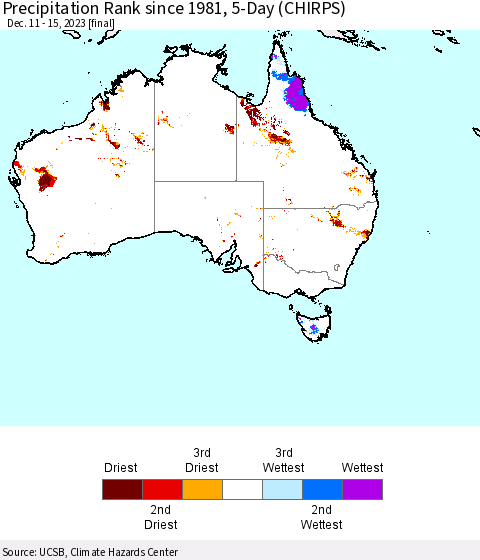 Australia Precipitation Rank since 1981, 5-Day (CHIRPS) Thematic Map For 12/11/2023 - 12/15/2023