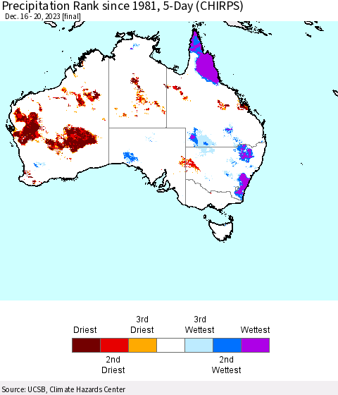 Australia Precipitation Rank since 1981, 5-Day (CHIRPS) Thematic Map For 12/16/2023 - 12/20/2023