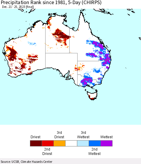 Australia Precipitation Rank since 1981, 5-Day (CHIRPS) Thematic Map For 12/21/2023 - 12/25/2023