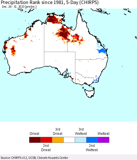 Australia Precipitation Rank since 1981, 5-Day (CHIRPS) Thematic Map For 12/26/2023 - 12/31/2023