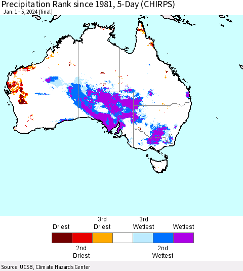 Australia Precipitation Rank since 1981, 5-Day (CHIRPS) Thematic Map For 1/1/2024 - 1/5/2024