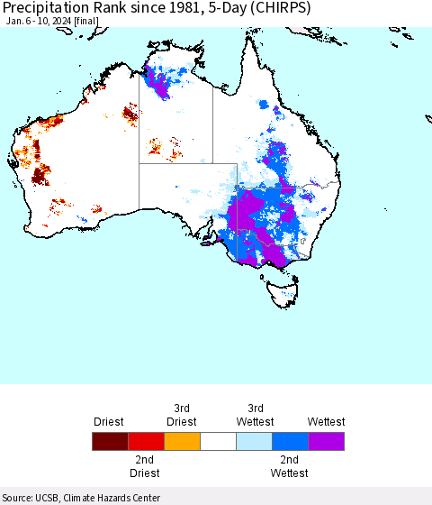 Australia Precipitation Rank since 1981, 5-Day (CHIRPS) Thematic Map For 1/6/2024 - 1/10/2024