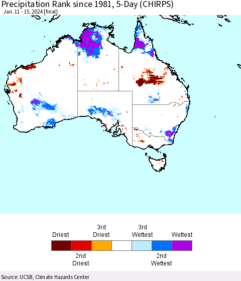 Australia Precipitation Rank since 1981, 5-Day (CHIRPS) Thematic Map For 1/11/2024 - 1/15/2024