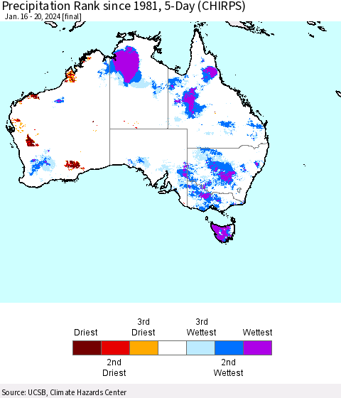 Australia Precipitation Rank since 1981, 5-Day (CHIRPS) Thematic Map For 1/16/2024 - 1/20/2024
