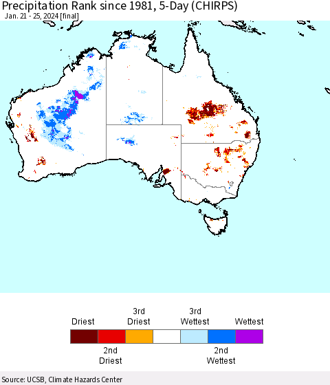 Australia Precipitation Rank since 1981, 5-Day (CHIRPS) Thematic Map For 1/21/2024 - 1/25/2024