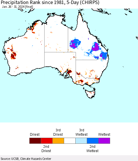 Australia Precipitation Rank since 1981, 5-Day (CHIRPS) Thematic Map For 1/26/2024 - 1/31/2024