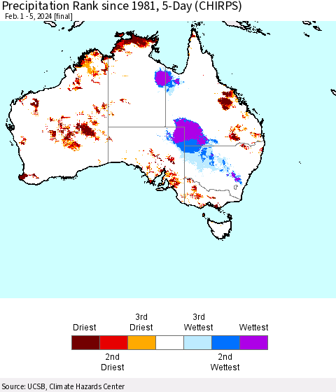 Australia Precipitation Rank since 1981, 5-Day (CHIRPS) Thematic Map For 2/1/2024 - 2/5/2024
