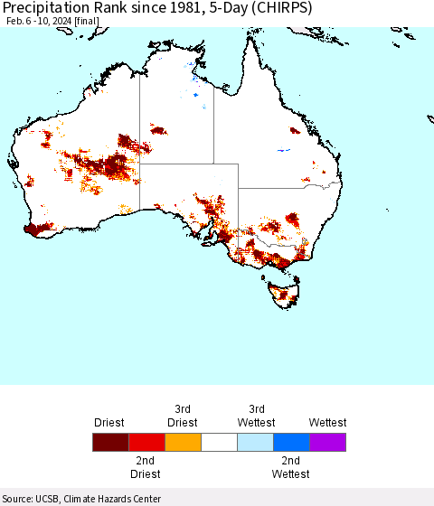Australia Precipitation Rank since 1981, 5-Day (CHIRPS) Thematic Map For 2/6/2024 - 2/10/2024