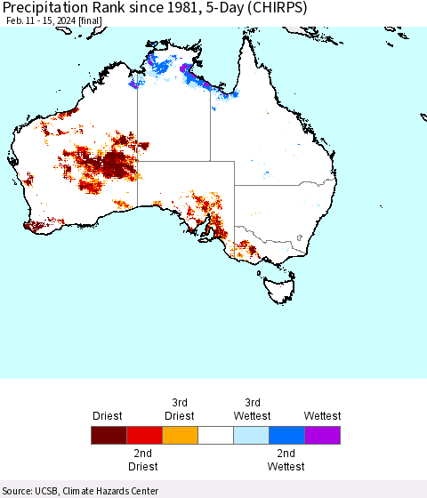 Australia Precipitation Rank since 1981, 5-Day (CHIRPS) Thematic Map For 2/11/2024 - 2/15/2024