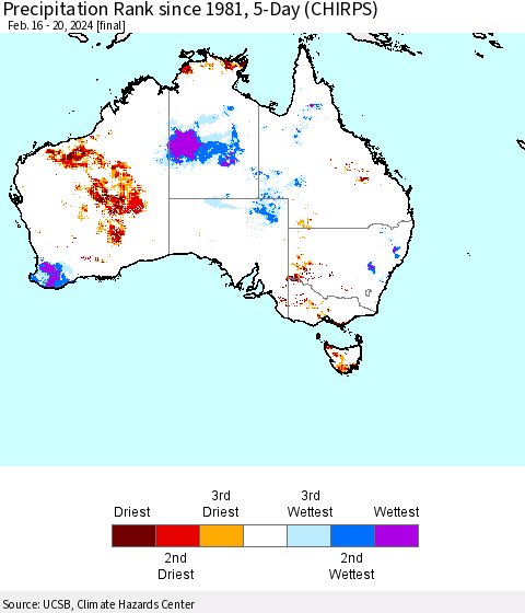 Australia Precipitation Rank since 1981, 5-Day (CHIRPS) Thematic Map For 2/16/2024 - 2/20/2024