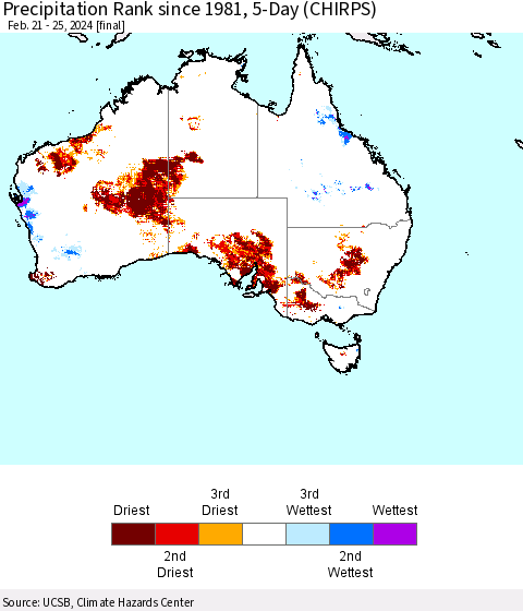 Australia Precipitation Rank since 1981, 5-Day (CHIRPS) Thematic Map For 2/21/2024 - 2/25/2024