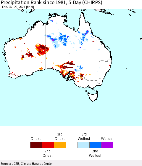 Australia Precipitation Rank since 1981, 5-Day (CHIRPS) Thematic Map For 2/26/2024 - 2/29/2024