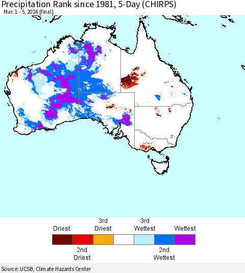 Australia Precipitation Rank since 1981, 5-Day (CHIRPS) Thematic Map For 3/1/2024 - 3/5/2024