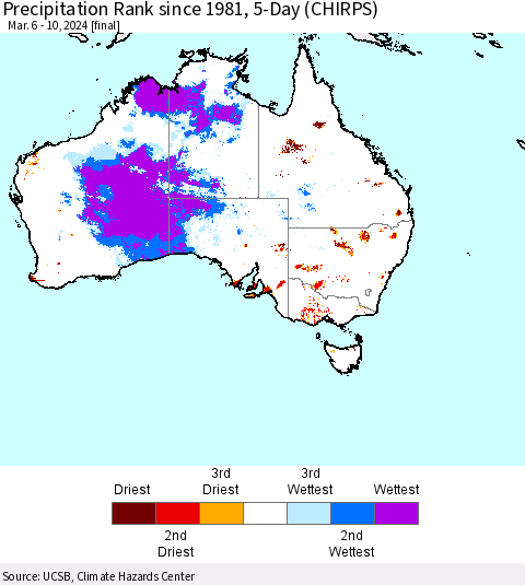 Australia Precipitation Rank since 1981, 5-Day (CHIRPS) Thematic Map For 3/6/2024 - 3/10/2024