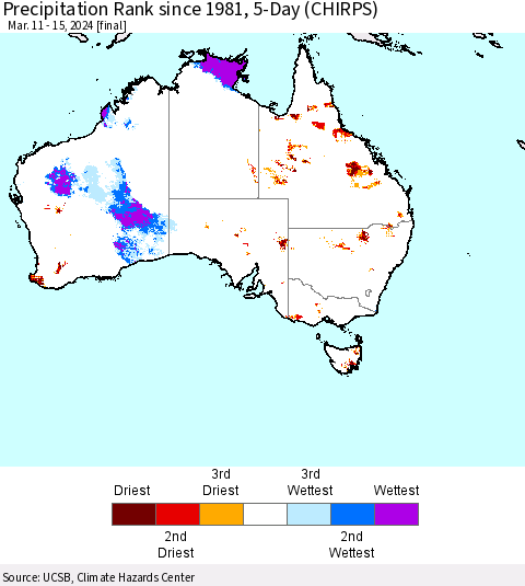 Australia Precipitation Rank since 1981, 5-Day (CHIRPS) Thematic Map For 3/11/2024 - 3/15/2024