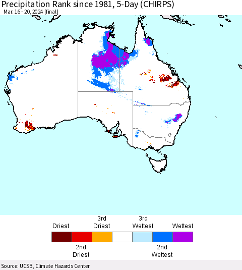 Australia Precipitation Rank since 1981, 5-Day (CHIRPS) Thematic Map For 3/16/2024 - 3/20/2024