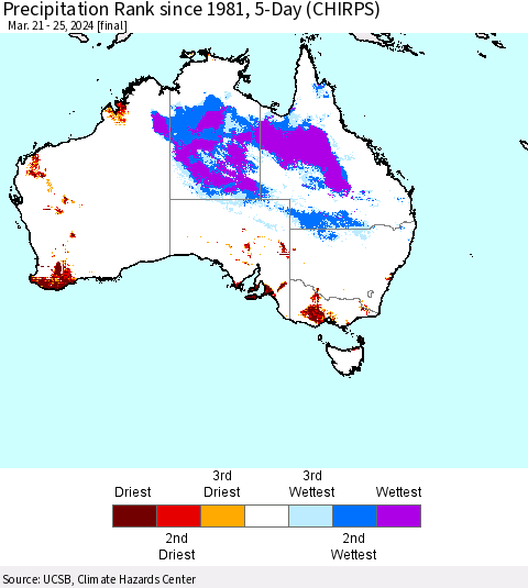 Australia Precipitation Rank since 1981, 5-Day (CHIRPS) Thematic Map For 3/21/2024 - 3/25/2024