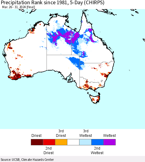 Australia Precipitation Rank since 1981, 5-Day (CHIRPS) Thematic Map For 3/26/2024 - 3/31/2024